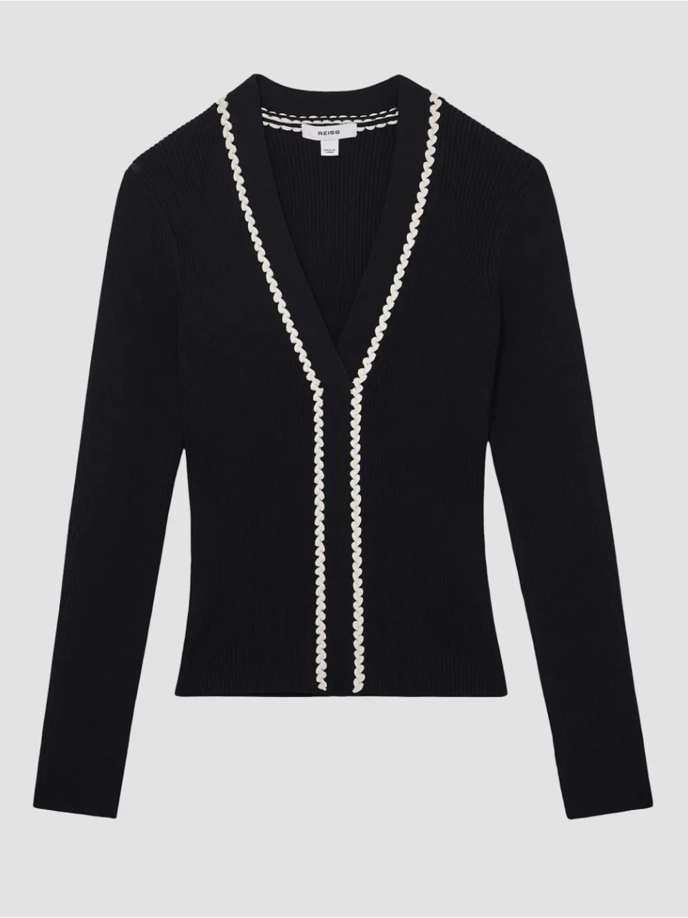 Maje Black V-Neck Ribbed Sweater with White Scalloped Trim size medium NWT